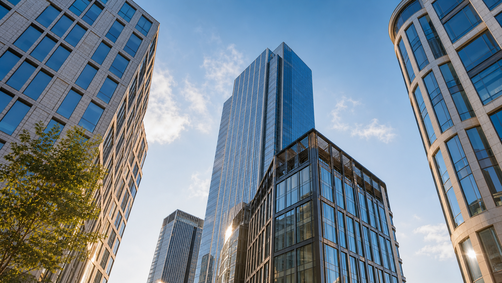 Moderne Hochhaeuser in Frankfurt am Main aus der Froschperspektive